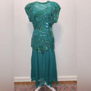 Oleg Cassini Vintage 1980’s Art Deco Tropical Two Piece Sequin‎ and Beaded Dress